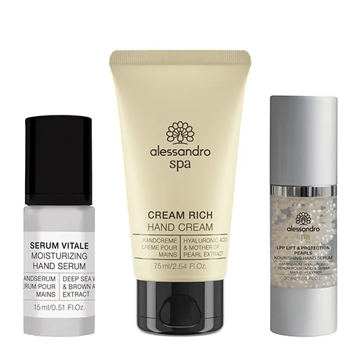 Drei verschiedene Handpflegeprodukte von alessandro spa