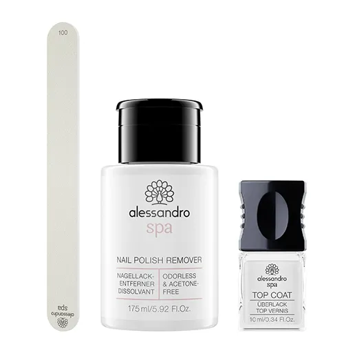 Ein Nagelpflege-Set mit Feile, Nagellackentferner und Top Coat von alessandro
