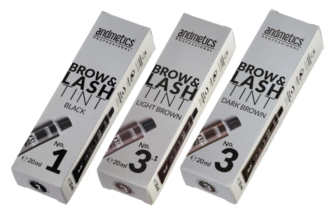 Drei Verpackungen von Brow & Lash Tint Produkten in verschiedenen Farbtönen.